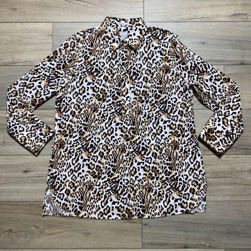 Chicos Womens No Iron Cheetah Print Popover Collard Top‎ Size 2 US 12/24